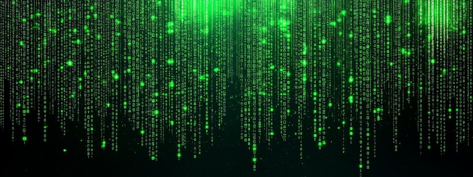 green binary code rolling down against a black background