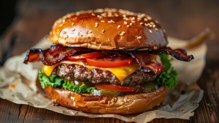 Bacon cheeseburger on a wooden table, white background