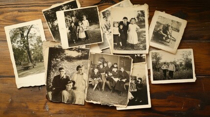 A collection of vintage photographs scattered on a wooden surface, depicting various scenes and people.