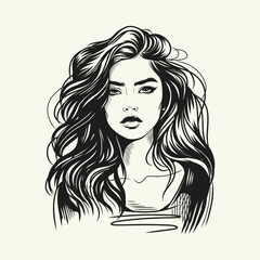 Trendy vector hand-drawn portrait of a woman with long wavy hair and serious expression. Black and white ink sketch in a graphic art style isolated on white background. Fashion illustration concept