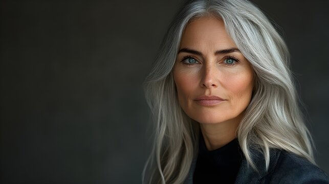Woman with silver hair and gentle wrinkles, transforming into a vibrant, younger self, smooth skin and glowing eyes, a visual journey of time
