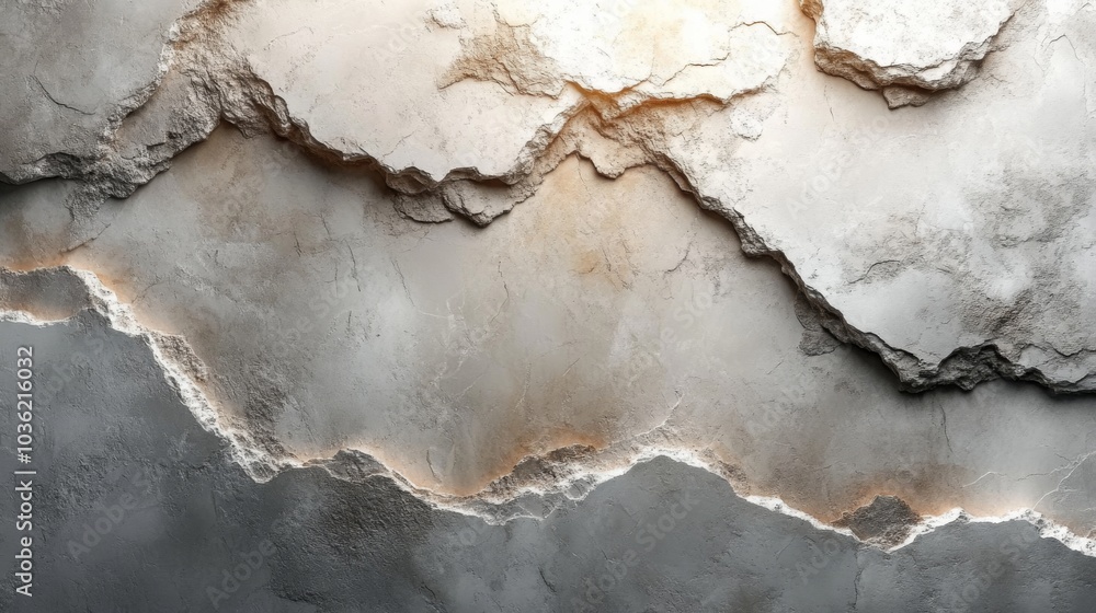Poster The artwork displays a textured surface composed of layered plaster, featuring cracks and varying tones that create a dynamic visual effect, illuminated softly.
