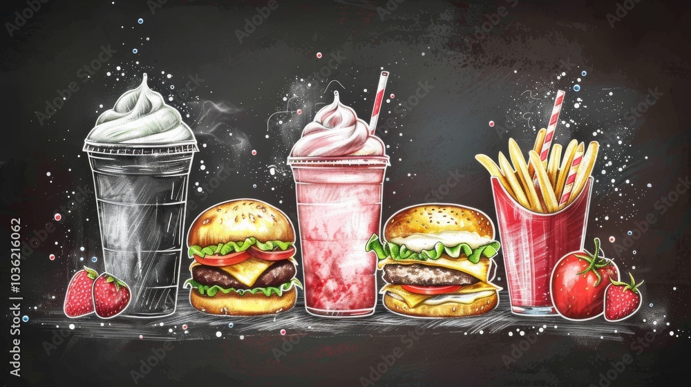 Wall mural chalkboard food banner featuring burgers, fries, and shakes. perfect for a diner or fast food place.