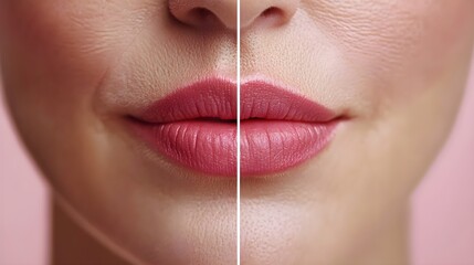 Obraz premium Senior woman's facial transformation, aging lips with wrinkles turning into fuller, youthful lips with smooth, radiant skin