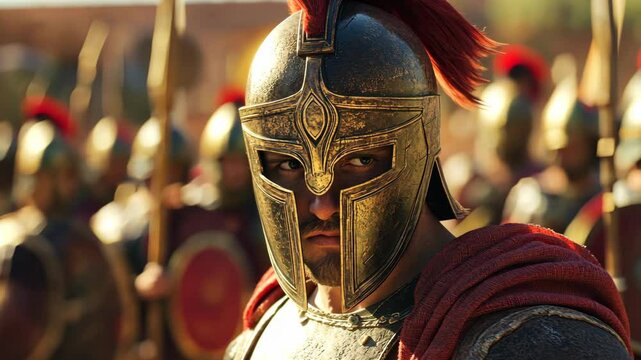 A Spartan warrior in full armor looks intensely forward, standing in formation with his fellow soldiers