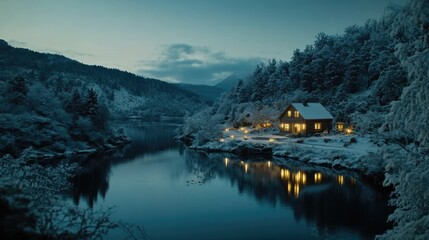 Fototapeta premium A small wooden house stands serene by a frozen lake, surrounded by frosty trees under a night sky, creating a warm, inviting atmosphere