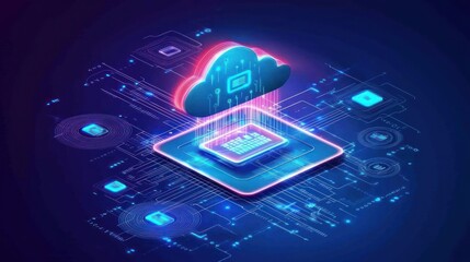 Fototapeta premium Cloud Computing Data Transfer to a CPU with Neon Lines