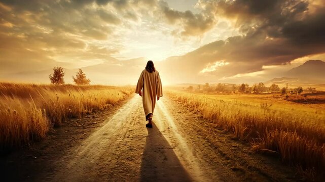 A man walks down a dusty road towards the setting sun in a field of golden grass