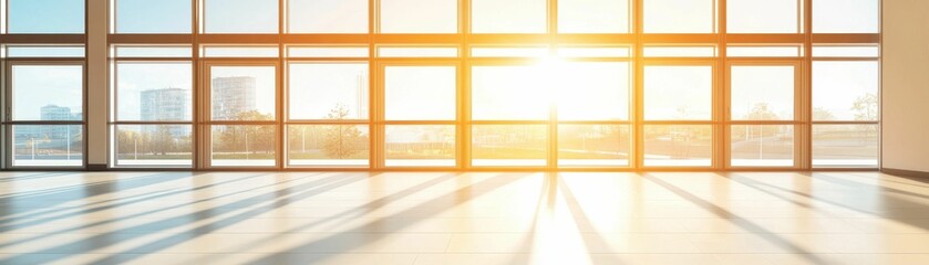 Bright sunlight entering through large floor-to-ceiling windows in an empty modern building, creating long shadows on the floor..