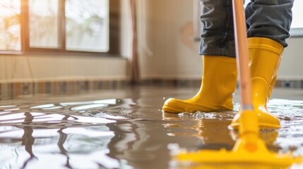 A person cleaning a flooded floor with a mop while wearing yellow rubber boots.