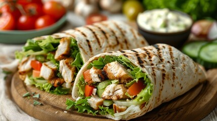 Chicken Caesar wrap on a wooden table, white background