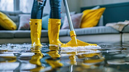 Person cleaning water from a flooded room while wearing yellow boots.