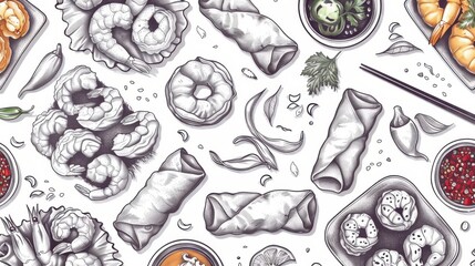 Naklejka premium Seamless rough pattern featuring detailed sketches of Thai appetizers like shrimp cakes, crispy pork belly, and fried spring rolls. Vector isolated on white background for restaurant banners