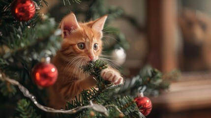 cat playing with christmas ball on a tree inside a house