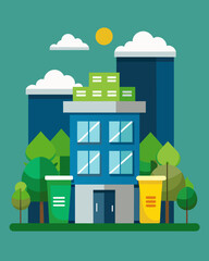 An office building with separate bins for paper plastic and food waste encouraging employees to reduce their environmental footprint.. Vector illustration