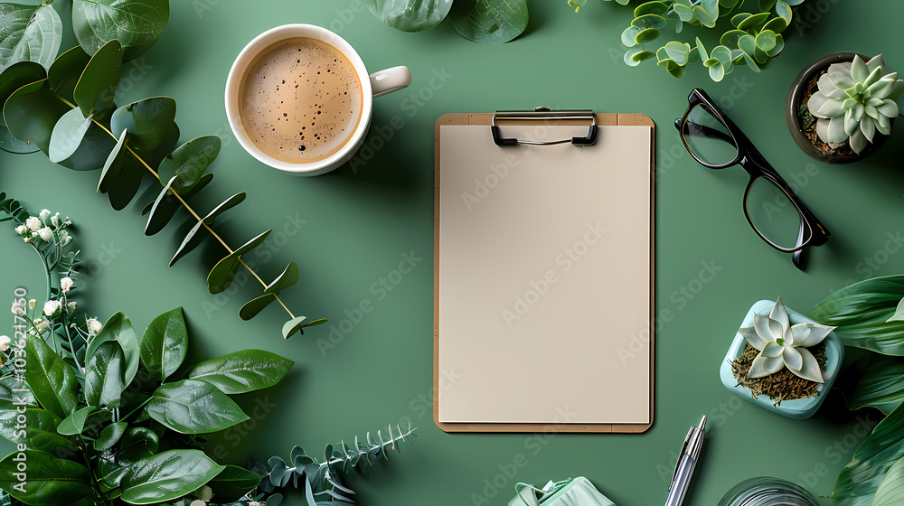 Poster notebook and coffee in green background generated ai