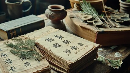 Old, bound books sit open on a wooden table, showcasing Chinese characters and an antique aesthetic