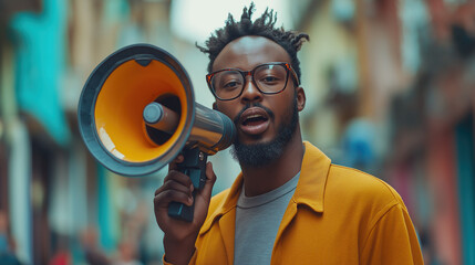 A handsome Black man with a beard and glasses speaking into a megaphone, captured in a street photography setting with an orange and yellow color scheme and a street background