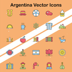 Set of Argentina vector icons representing cultural symbols and landmarks perfect for travel and tourism designs.