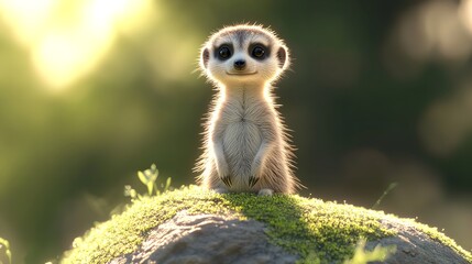 Fototapeta premium 3D Cute Baby Meerkat Standing on a Pastel Green Hill for Playful Animal Decor