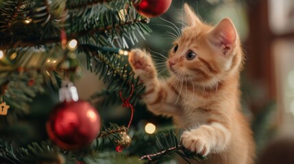 Obraz premium cat playing with christmas ball on a tree inside a house