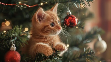 cat playing with christmas ball on a tree inside a house