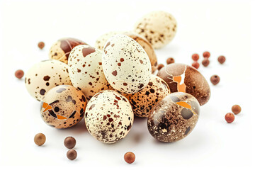 Obraz premium The quail eggs and shells are isolated on a white background