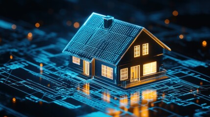 A digital house model illuminated on a circuit board background, symbolizing smart technology.