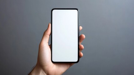 A hand holding a smartphone with a blank screen against a simple background.
