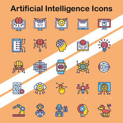 Set of artificial intelligence icons depicting various AI technologies and concepts ideal for tech and innovation themes.