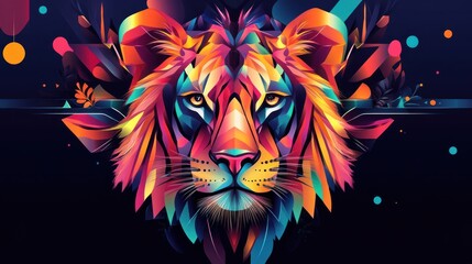 Colorful abstract lion head illustration on a dark background.