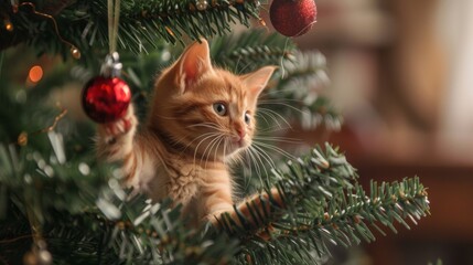 cat playing with christmas ball on a tree inside a house