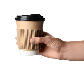 Female hand with paper cup of coffee on white background
