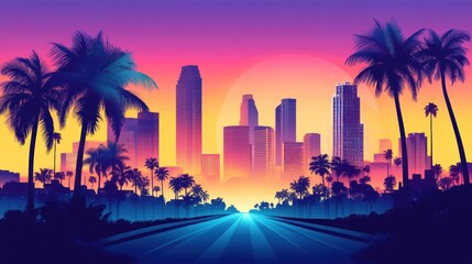 A vibrant sunset cityscape featuring palm trees and skyscrapers, evoking a tropical atmosphere.