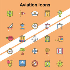 Collection of aviation icons depicting various aircraft and aviation services ideal for travel and aerospace designs.