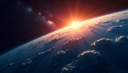 Panoramic view of the Earth, sun, star and galaxy. Sunrise over planet Earth, view from space...