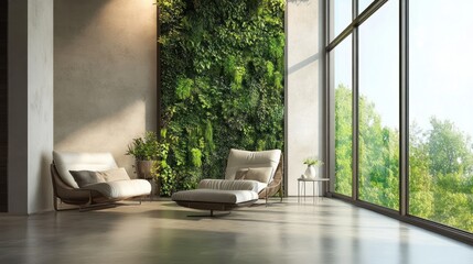 A modern lounge area featuring a green wall and large windows for natural light.