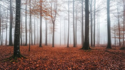 Fototapeta premium A tranquil forest comes alive on a foggy autumn morning, with tall trees shrouded in mist and a vibrant carpet of orange and brown leaves covering the ground, creating a peaceful atmosphere.