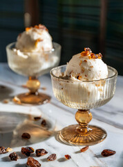 Homemade ice cream with rum and raisins.	