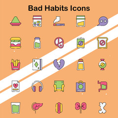 Collection of bad habits icons depicting various negative behaviors and their impacts suitable for health and lifestyle themes.
