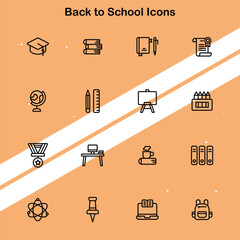 Set of back to school icons showcasing school supplies and educational themes perfect for school-related designs.