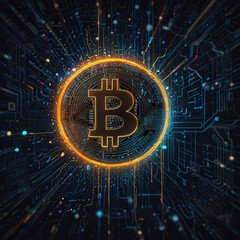 Cryptocurrency Bitcoin with Glowing Digital Elements,  for blockchain and fintech branding, crypto trading platforms, digital economy blogs, ICO campaigns