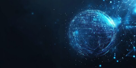 Obraz premium Abstract glowing blue digital globe with connected lines and dots on dark background.