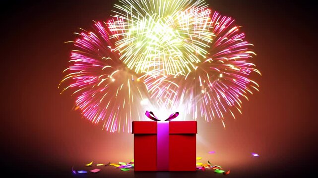 Vivid fireworks bursting over a wrapped gift box, celebrating a festive moment. Bright explosions in the sky perfect for holiday, birthday, or celebration themes.