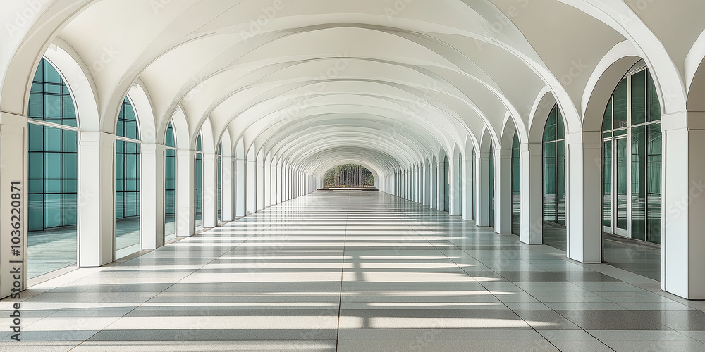 Aufkleber modern empty corridor with arches and sunlight passing through windows