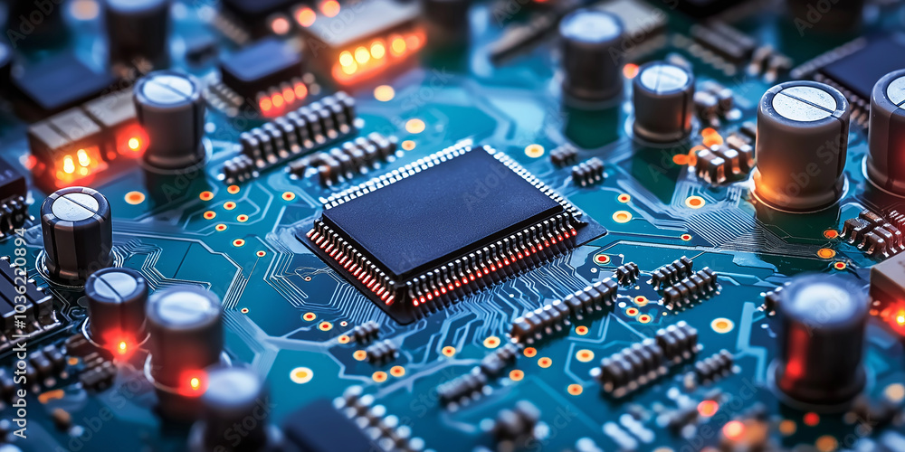 Poster Microchip working on circuit board with red lights