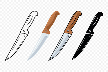 Vector Kitchen Knife Icon Set. Chef Knife with Sharp Blade, Kitchen Knife Design Templates. Outline, Colored, Silhouette Knife. Vector Illustration