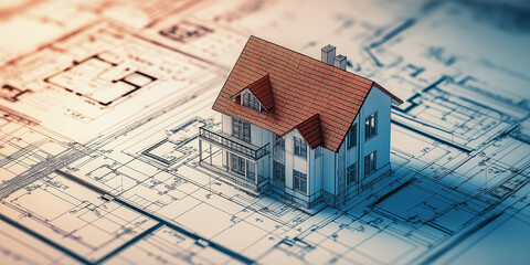 Miniature model house standing on top of blueprints in an architect's office