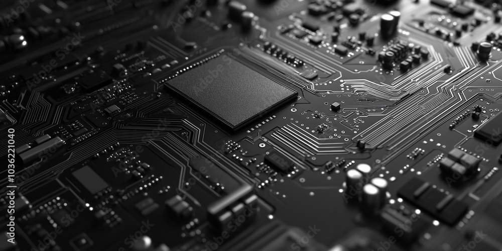 Poster Black printed circuit board with components forming a tech background
