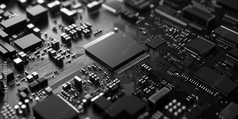 Poster Black circuit board with a cpu is processing data